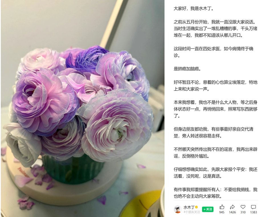 确诊肺癌和脑癌,作家水木丁发文:不要给我捐钱,目前医保可覆盖普通治疗的大部分费用